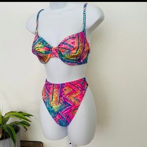 1980s two piece swimsuit. Neon colors. Barbie Classic vintage bikini. Pink/green